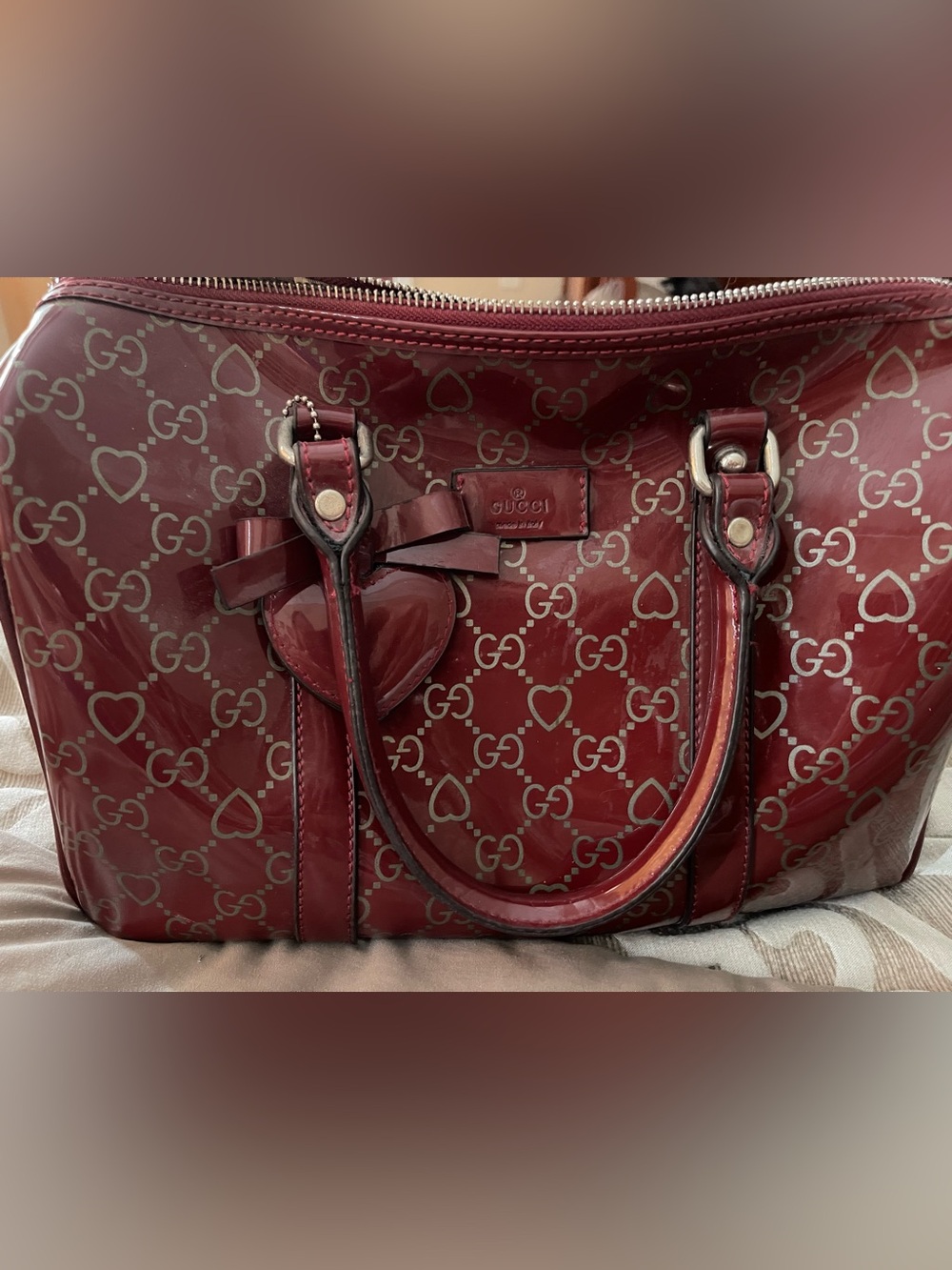 Red Patent Tote with Heart Charm